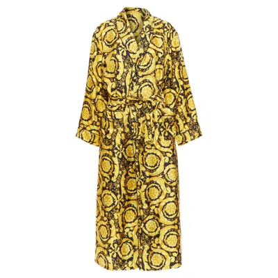 Pre-owned Versace Silk Signature Barocco Robe Gown In Gold