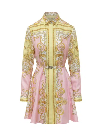 Versace Silk Twill Dress With Baroque Print In Pink