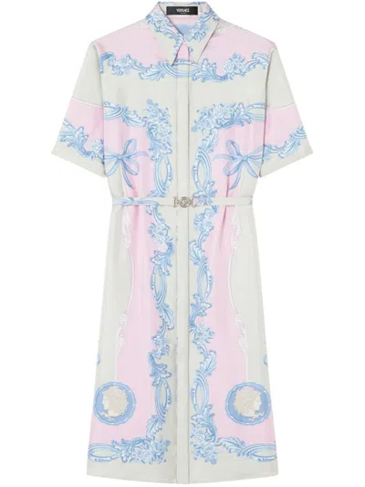 Versace Silk Twill Dress With Medusa Cameo Print And Cinched Waist In Blue
