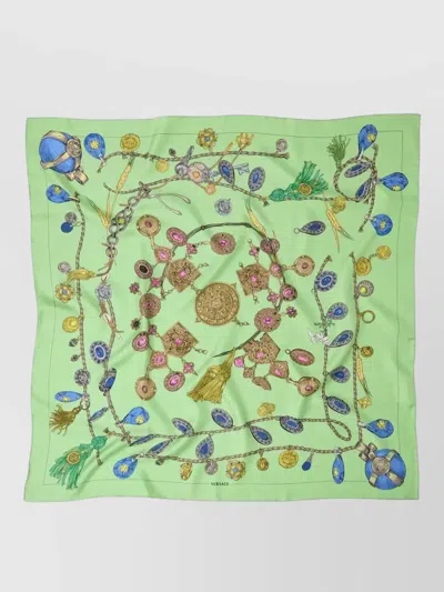 Versace Silk Twill Foulard Jewel Motif Tassels In Green