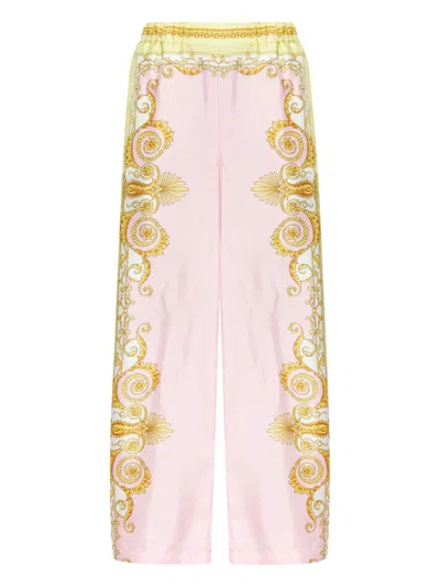 Versace Multicolor Trousers With Elastic Waist And All-over Geometric Print In Silk Woman