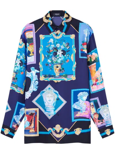 Versace Silk Twill Shirt With Kaleidoscopic Print In Blue