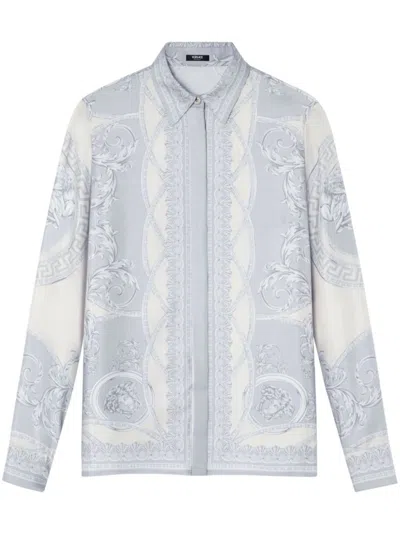 Versace Silk Twill Shirt With La Coupe Des Dieux Print In Neutrals