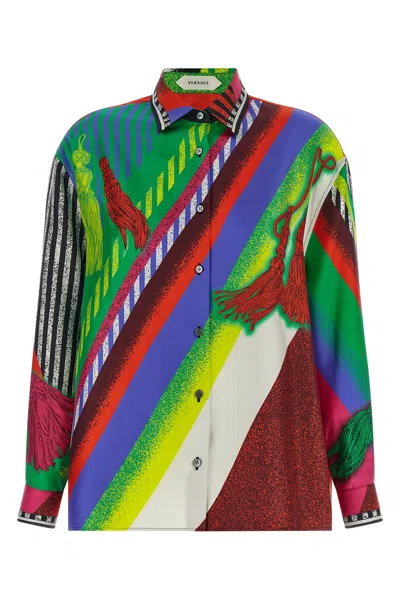 Versace Silk Twill Shirt With Logo Plaque In Multi