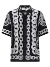 Versace Black And White Bowling Shirt With Cuban Collar And All-over Chain-link Print In Silk Man In Multi