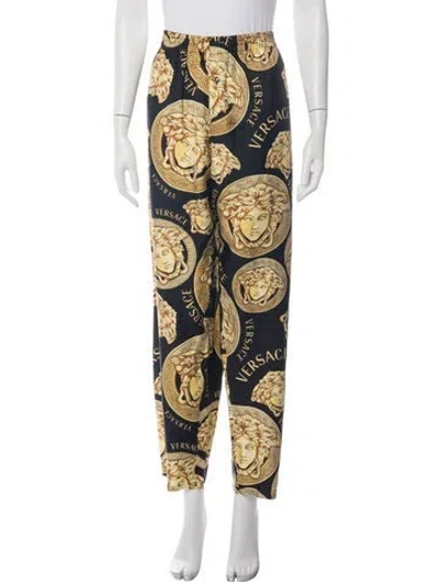 Pre-owned Versace Silk Wide Leg Pants In Blue/yellow