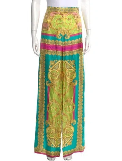 Pre-owned Versace Silk Wide Leg Pants In Yellow