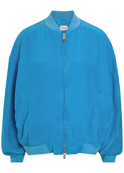 Versace Relaxed Fit Silk Jacket With Embroidered Logo And Zipper Closure In Blue