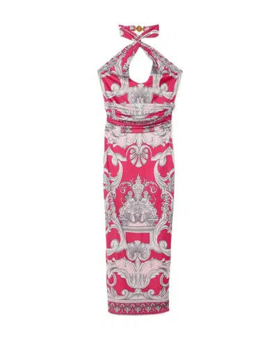 Versace Silver Baroque Printed Halter Body-con Midi Dress In Multi