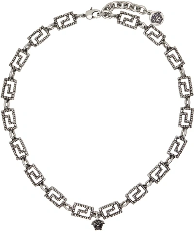Versace Silver Greca Necklace In Antique Palladium