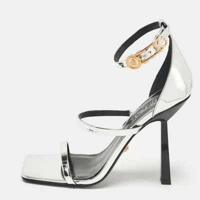 Versace Silver Leather Safety Pin Ankle Strap Sandals