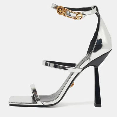 VERSACE SILVER LEATHER SAFETY PIN ANKLE STRAP SANDALS