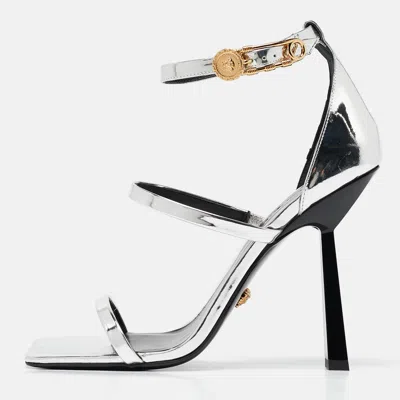 Pre-owned Versace Silver Leather Safety Pin Ankle Strap Sandals Size 39