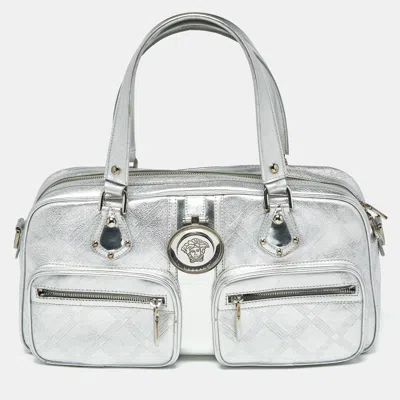 Versace Silver Monogram Embossed Leather Medusa Pocket Satchel
