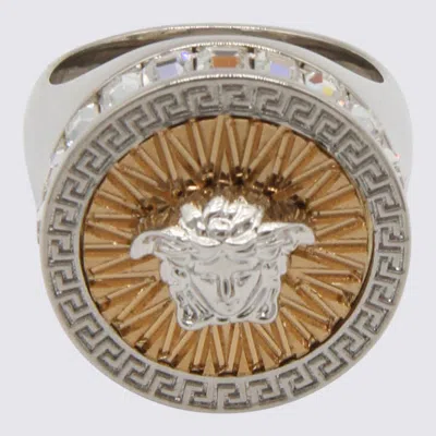 Versace Silver Tone Metal Rings In Red