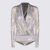Versace La Coupe Des Dieux Draped Bodysuit In Silver Grey/champagne