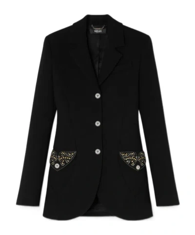 Versace Embellished Pocket Wool Jacket In Black