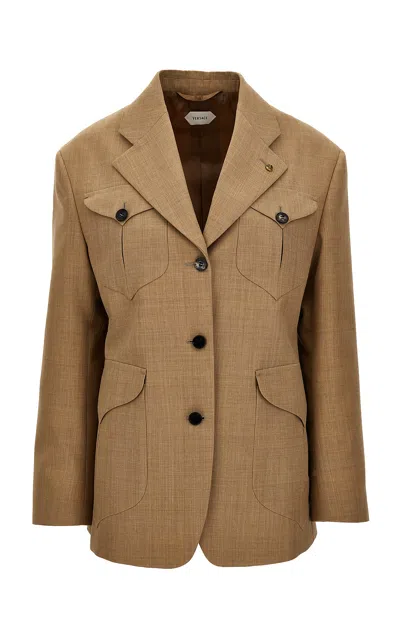 Versace Single-breasted Dry-hand Wool Jacket In Brown