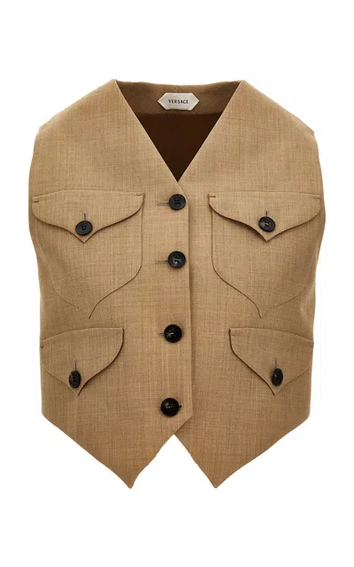 Versace Single-breasted Dry-hand Wool Vest In Brown