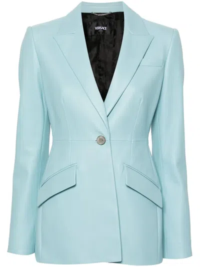 Versace Single-breasted Leather Blazer In Blue