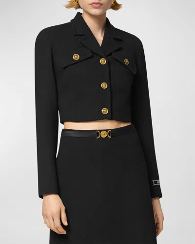 Versace Single-breasted Stretch Crepe Crop Informal Jacket In Black