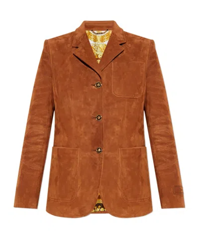 Versace Long Sleeve Leather Jacket In Brown