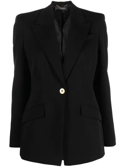 Versace Single-breasted Wool Blend Blazer With Medusa Detail In Black