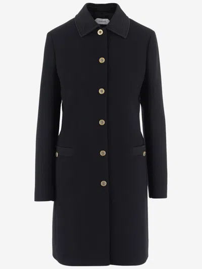 Versace Single-breasted Virgin Wool Coat In Black