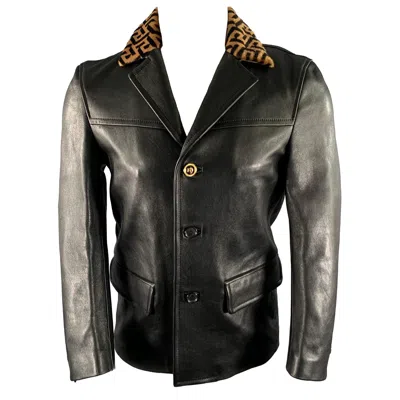 Pre-owned Versace Size 36 Black Camel Lambskin Leather Furr Collar Notch Lapel Jacket