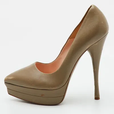 Pre-owned Versace Size 36 Khaki Grey Leather Pointed Toe Platform Pumps