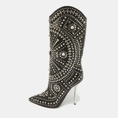 Pre-owned Versace Size 37 Black Leather Studded Mid Calf Boots