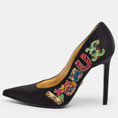 Pre-owned Versace Size 37 Black Satin Embroidered Pointed Toe Pumps