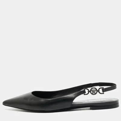 Pre-owned Versace Size 37.5 Black Leather Slingback Flats