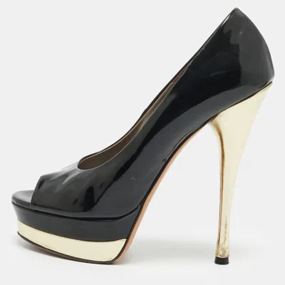 Pre-owned Versace Size 37.5 Black/gold Patent Leather Platform Pumps