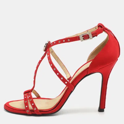 Pre-owned Versace Size 38 Red Satin Ankle Strap Sandals