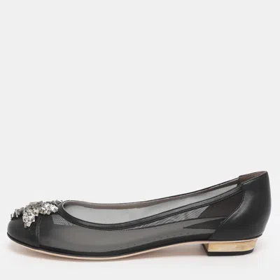 Pre-owned Versace Size 39 Black Leather And Mesh Embellished Ballet Flats