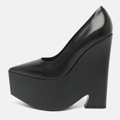 Pre-owned Versace Size 39.5 Black Leather Wedge Platform Pumps