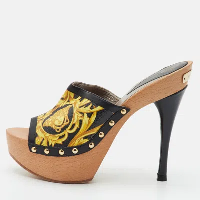 Pre-owned Versace Size 39.5 Black/yellow Baroque Print Coated Canvas And Leather Platform Clogs