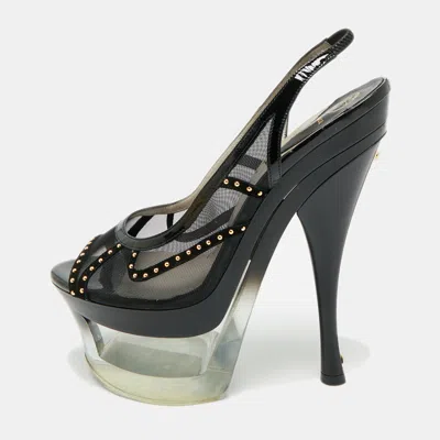 Pre-owned Versace Size 40 Black Leather And Mesh Platform Slingback Sandals