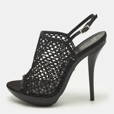 Pre-owned Versace Size 40 Black Mesh And Satin Rhinestone Embellished Open Toe Ankle Strap Sandals