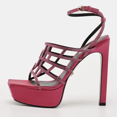 Pre-owned Versace Size 40 Pink Satin Crystal Embellished Platform Sandals
