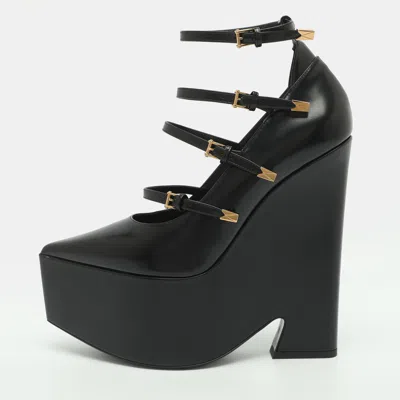 Pre-owned Versace Size 41 Black Leather Wedge Platform Pumps