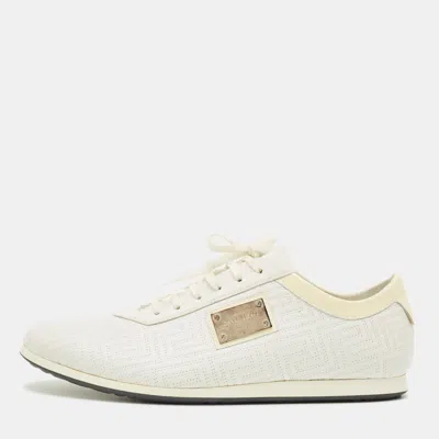 Pre-owned Versace Size 43 White/beige Patent Leather And Quilted Leather Logo Lace Up Sneakers