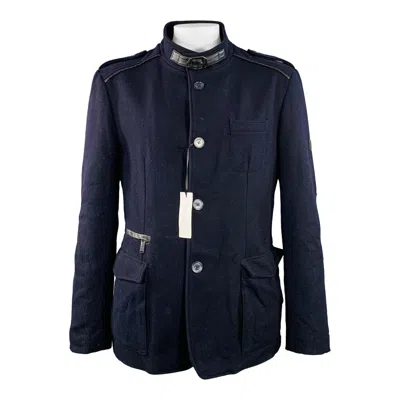 Pre-owned Versace Size 46 Navy Black Virgin Wool Blend Epaulets Jacket In Blue