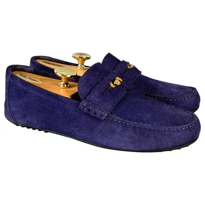 Pre-owned Versace Size 8 -bluette Oro- Purple Textured Suede Drivers Loafers