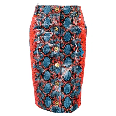 Pre-owned Versace Size S Red Blue Leather Snake Embossed Pencil Skirt