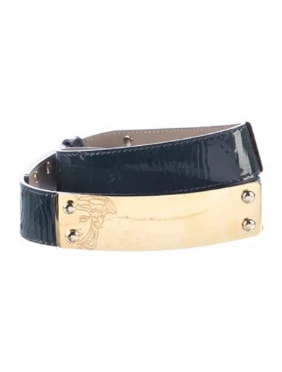 Pre-owned Versace Skinny Patent Leather Waist Belt In Blue