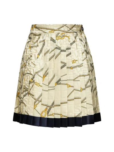 Versace Pleated Printed Silk Blend Mini Skirt In Sand Gold