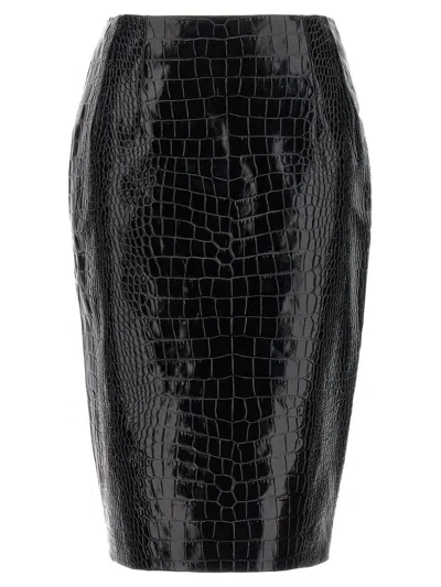 Versace Croco Print Leather Midi Skirt In Black