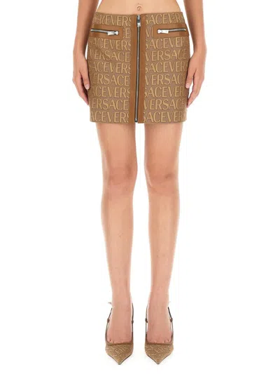Versace Leather-trimmed Canvas-jacquard Mini Skirt In Light Brown
